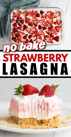 strawberry lasagna cake on a plate with strawberries in the background and text overlay