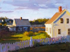 a painting of a white house with a picket fence in the foreground and a blue sky behind it