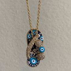 Brand New Gold Tone Blue And White Evil Eye Sandal Necklace Charm. Super Cute And Fresh For Sumer. Brand New Never Worn. Blue Beach Jewelry With Adjustable Chain, Blue Jewelry With Adjustable Chain For Beach, Blue Jewelry For Summer Vacation, Summer Vacation Blue Jewelry, Blue Evil Eye Necklace For The Beach, Blue Necklaces For Summer Beach, Blue Necklace For Summer Parties, Blue Necklace With Adjustable Chain For Beach, Adjustable Blue Necklace For Vacation