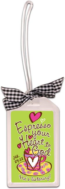 an air freshener tag with a gingham ribbon hanging from it's side