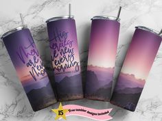 three purple tumblers with the words, life is like riding mountains and sunsets