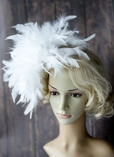 "White Fascinator, Wedding Hat Fascinator, Tea party Hat, Diner en Blanc, Wedding Headdress Hairpiece, British Kentucky Derby Hat Fascinator Lovely big feathers hat fascinator - great accessory for a part, wedding or race event. It is about 11- 12\" wide ! Elegant and comfortable to wear. Made feathers in white. Made with alligator clip on the back so it can be place anywhere you like - on side or up on the head ! Simply adorable. For any questions please mail me, i'll be very happy to help you White Gatsby Style Fascinator For Evening, Gatsby Style Hat For Vintage Events, Vintage Gatsby Style Hat Headpiece, Vintage Costume Hats And Headpieces For Wedding Carnival, Feather Trim Hat For Wedding And Carnival, Wedding Hat With Feather Trim For Carnival, Gatsby Style Fitted Fascinator Hat, Wedding Hats With Feather Trim For Carnival, Gatsby Style Fitted Headband Fascinator