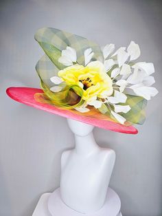 Kentucky Derby Hat Large Wide Brim Sinamay Coral Pink Hat With Yellow Satin Flower and White Feathers,yellow Green Gingham Plaid Crinoline - Etsy Green Hats For Spring Country Events, Green Spring Hats For Country Events, Green Hats For Country Events In Spring, Yellow Fascinator For Kentucky Derby Garden Party, Yellow Hat For Spring Races, Yellow Hats For Garden Party In Spring, Yellow Hats For Spring Garden Party, Yellow Hat For Garden Party In Spring, Adjustable Yellow Hats For Kentucky Derby