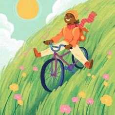 an illustration of a person riding a bike down a hill with flowers in the background