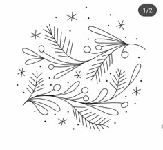 a black and white drawing of a branch with snowflakes