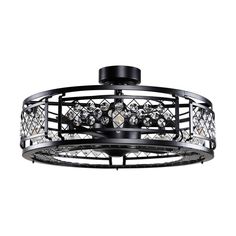 a semi flush ceiling light with crystal accents and black metal frame, on an isolated white background