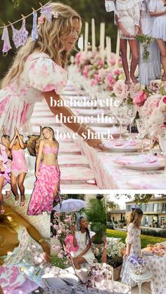 a collage of photos with pink and white flowers in the center, two women dressed in dresses holding umbrellas