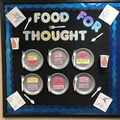 a bulletin board with food for thought written on it and plates, knives, spoons and utensils