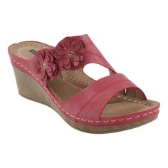 Satisfy your floral fixation with the Rita wedge sandal by GC Shoes. This wedge sandal is adorned with floral applique to leave you feeling beautiful and sassy. Petal-perfect layers form a flower design to give a fresh-picked look to the lightweight cushioned walking ease of the Rita sandals. Trending Handbags, Womens Sandals Wedges, Shoe Carnival, Round Toe Heels, Floral Applique, Faux Wood, Wedge Sandal, How To Feel Beautiful, Platform Sandals