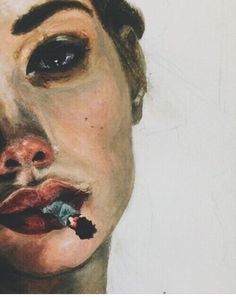 a painting of a woman's face with her mouth open