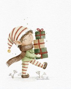 a watercolor painting of a boy carrying a christmas present