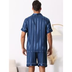 This set is for men! Matching Couple PJs made from a soft and long-lasting material. It's excellent elasticity for perfect fit, skin friendly, breathable, comfortable and soft wearing. With striped pattern, comfort sleep set, including Short Sleeve button shirt and Shorts, suitable for home, leisure, or outdoor walks, loungewear, nightwear, and sleepwear. No matter the cozy bedtime, casual home relaxation, laze afternoon, or comfy bath, the soft and lightweight women's sleepwear could company wi Relaxed Fit Blue Pajama Shorts, Couple Pjs, Blue Short Sleeve Comfortable Sleepwear, Mens Button Up Pajamas, Outdoor Walks, Striped Cotton Pajama Shorts With Built-in Shorts, Shorts Pajama Set, Blue Button-up Sleepwear With Button Closure, Women's Sleepwear