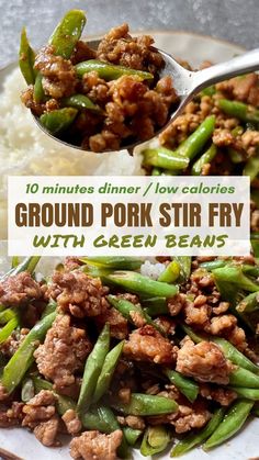 ground pork stir fry with green beans on a plate