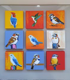 six colorful birds are mounted on the wall