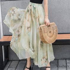 Lasaky - Floral Printed Chiffon Midi Skirt - Perfect for Vacations, Beachwear, and Resort Wear Chiffon Midi Skirt, Fancy Skirts, Long Skirt Fashion, Long Skirt Outfits, Rock Outfit, Trendy Skirts, Chiffon Floral, Long Skirts For Women, Elegant Skirt