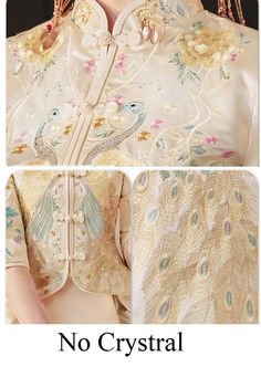 Looking a traditional Chinese bridal gown. This beautiful 2-piece qun kwa set is embroidered with gold, silver, blue and white threads. The intricate flower and peacock embroideries are decorated throughout the jacket and skirt. It's a perfect option for your traditional Chinese wedding, tea ceremony The qun kwa set come with 2 options: With crystals decoration or no crystal. Size available from S to 6XL Matching Tang wedding suit with dragon embroidery for Groom , Size available from S to 2XL S Traditional White Cheongsam For Wedding, Spring Wedding Embroidered Cheongsam, Traditional Embroidered Kimono For Tea Ceremony, Gold Qipao, Traditional Embroidered Spring Cheongsam, Traditional Chinese Wedding, Chinese Wedding, Wedding Essentials, Red Envelope