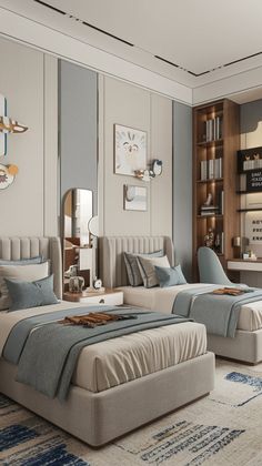 two beds in a room with blue and white decor on the walls, along with a rug