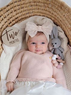 a baby is laying in a basket with two stuffed animals on it's side