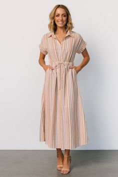 Carole Midi Dress | Multi Stripe Hunter Green Maxi Dress, Classic Linen Dress, Striped Linen Dress, Teacher Dresses, Burgundy Maxi Dress, Baltic Born, Chic Fall Outfits, Stripped Dress, Classic Sweater