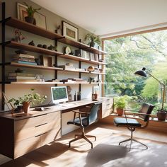 a home office with shelves, desk and chair in front of a large window overlooking the trees