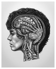 a black and white drawing of a man's head with the brain in it