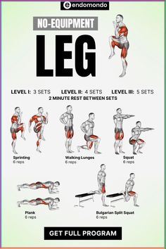 the no equipment leg workout poster shows how to do it in less than five minutes