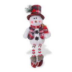 a snowman ornament with red and white plaid hat, boots and scarf