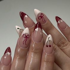 Paznokcie Hello Kitty, Bow Nail Designs, Bow Nail Art, Kutek Disney, Nagellack Trends, Cherry Nails, Easy Nails, Her Nails, Red Nail Designs