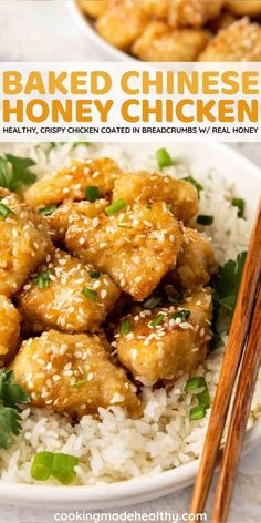 baked chinese honey chicken served over white rice with chopsticks in the foreground