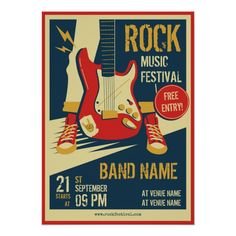 a concert poster with an electric guitar on the front and side, for rock music festival