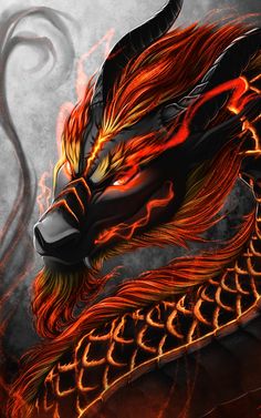 a dragon with red and yellow flames on it's face