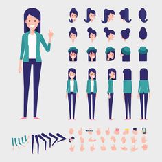 an animation character set with various poses and gestures for the woman's face, hair and