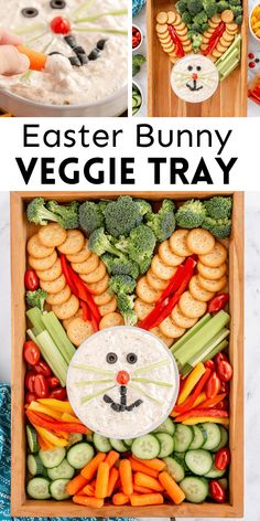 an easter bunny veggie tray with carrots, broccoli and crackers