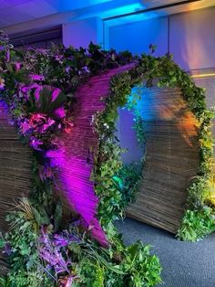 an office cubicle decorated with purple and green plants