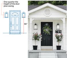 the front door and side porch are shown with measurements for each piece of furniture in it