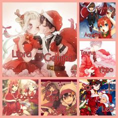 four different anime characters in red and white outfits