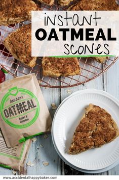 an oatmeal scones on a wire rack next to a bag of oatmeal