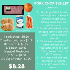 the menu for pork chop skillet is shown