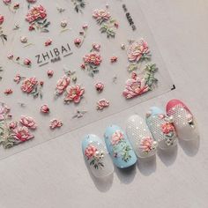 Nail Art Workshop, Nail Art Stickers Design, Nail Sticker, Nail Stickers Designs Ideas, Nail Stickers Designs Ideas Flowers, Nails With Flower Stickers Design, Floral Nail Decals, Flower Sticker Nail Design, Nail Flower Stickers