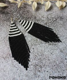 black and white beaded fringe earrings with beads