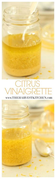 two images show how to make citrus vinaigrette in a jar with spoons