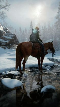 a man riding on the back of a brown horse across a snow covered forest filled with trees