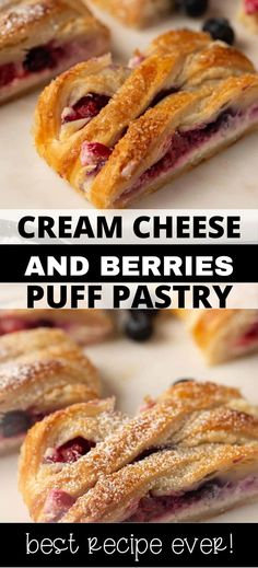 Collage of closeup shot of cream cheese puff pastry at top and bottom. Berry Pastry, Sweet Puff Pastry Recipes, Puff Pastry Braid, Berry Cream Cheese, Easy Puff Pastry Desserts, Pastry Braid, Cream Cheese Puffs, Easy Puff Pastry Recipe, Puff Pastry Recipes Dessert