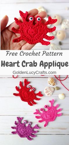 crochet crab applique with text overlay that says free crochet pattern heart crab applique