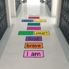 a long hallway lined with lockers filled with colorful magnets that spell out words