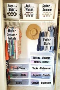 an organized closet with clothes, hats and other items