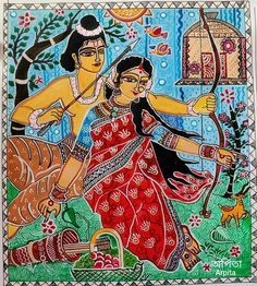 Sita Ram Madhubani Painting, Mithila Painting Indian Folk Art, Ram Madhubani Painting, Ram Sita Madhubani Painting, Madhubani Ramayana, Madhubani Paintings Peacock, Mithila Art, Mithila Painting, Mural Art Design