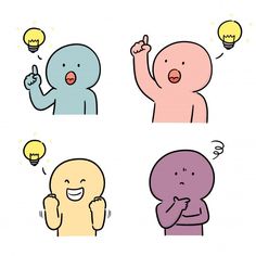 four different colored cartoon characters with one light bulb above his head and the other pointing at something