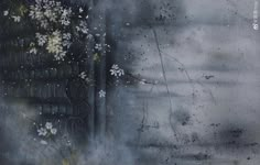 an abstract painting with white flowers on black and gray background, in the style of impressionism