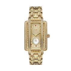 From the JBW Mink Collection, this ladies' 2-1/2 ct. t.w. diamond limited edition Platinum Series watch features a rectangle-shaped gold-toned dial with gold-toned hands and ruby accent markers, one mother-of-pearl small seconds sub-dial with petite ruby and diamond winding crown, a diamond-accent scalloped fan-texture on the face, with a diamond-lined bezel and sapphire crystal in a 28.0mm 18K gold plated stainless steel case. A pair of diamond-lined lugs sweep over the design which is individu Gold Diamond Watches, Ruby Set, Gold Plated Watch, The Hours, Women Diamond, Feminine Design, Diamond Watch, Stainless Steel Band, Girl Wallpaper